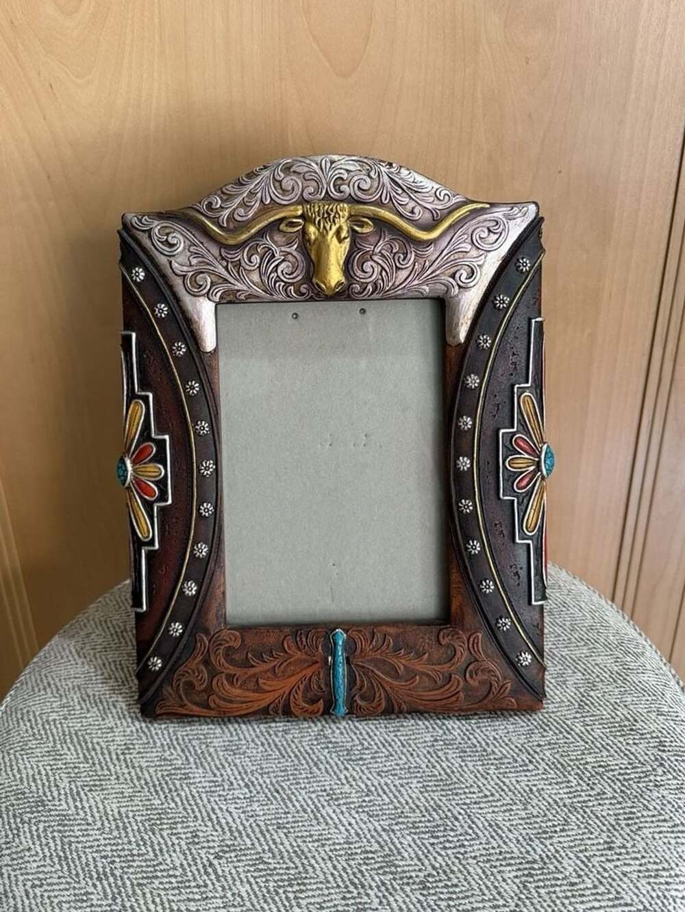 Western Longhorn Bull Skull Turquoise Accent Picture Frame